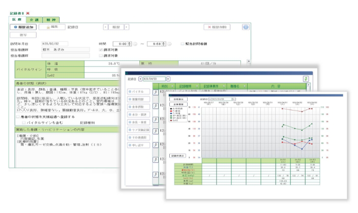 シーエスアイの電子カルテシステム ミライズのオプション機能 介護オプションの画面イメージ